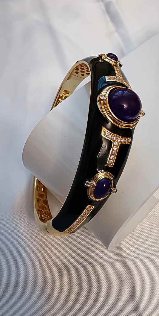 Bracciale Rigido in Ottone con Smalto Nero e Lapislazzuli