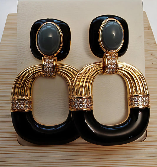Orecchini "Déco Noir" in Ottone, Resina e Cristalli
